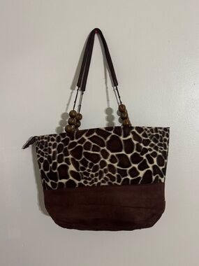 Braciano Brown Giraffe-Print Tote Bag with Wooden Bead Handles